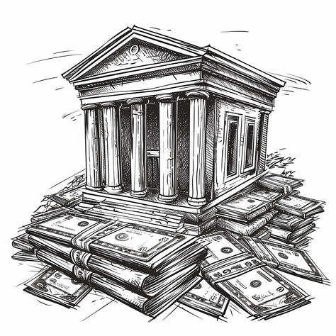 Hand drawn illustration of bank building with stacks of money Doodle style illustration Uk Notes Money, Money Stack Drawing, Money Doodle, Bank Drawing, Stacks Of Money, Bank Illustration, Money Illustration, Surrealism Drawing, Card Hacks