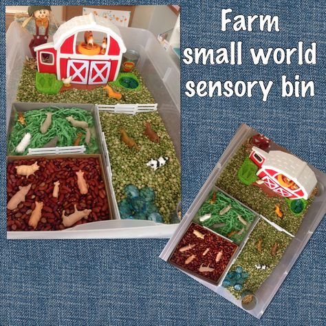 Sensory bin to go with farm theme unit. Beans for pig pen mud, shredded paper for sheep corral, green split peas for horse and cow pastures, blue glass gems pond and corn kernels for animal feed. Preppy Classroom, Green Split Peas, Cow Pasture, Split Peas, Pig Pen, Farm Activities, Shredded Paper, Small World Play, Sensory Bin