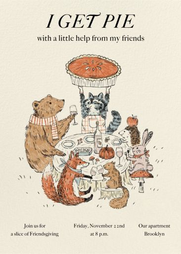 Customize 'Critters and Pie' Fall Party Invitation online and send via email, text message, or a shareable link. Instantly track deliveries and opens, and message recipients. Dinner Party Thanksgiving, Fall Pumpkin Painting Party, Thanksgiving Food Illustration, Vintage Fall Prints, Pie Invitation, Friendsgiving Invites, Party Hosting Ideas, Fall Kids Party, Fall Graphic Design