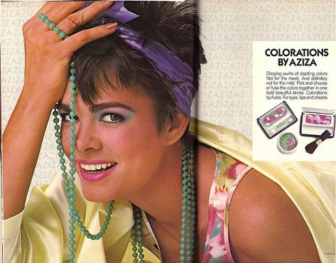 1986 Aziza eyeshadow ad 80s Eye Makeup, 80s Makeup Looks, 1980s Makeup, Vintage Makeup Ads, 80s Makeup, Beauty Advertising, Makeup Ads, Eye Makeup Styles, Retro Makeup