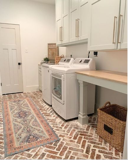 House Laundry Room, Brick Floor, Laundry Room/mud Room, Laundry Room Flooring, Mudroom Laundry Room, Laundry Room Renovation, Farmhouse Laundry Room, Laundry Room Inspiration, Laundry Room Remodel