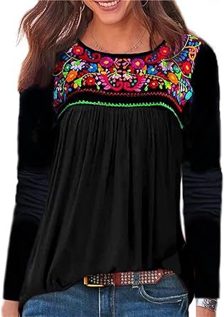 Melliflo Long Sleeve Mexican Shirts for Women Floral Embroidered Peasant Blouse Ethnic Style Boho T-Shirts Mexican Shirts, Ethnic Style, Peasant Blouse, Shirts For Women, Style Boho, Ethnic Fashion, Boho Fashion, Fashion Shoes, Blouses