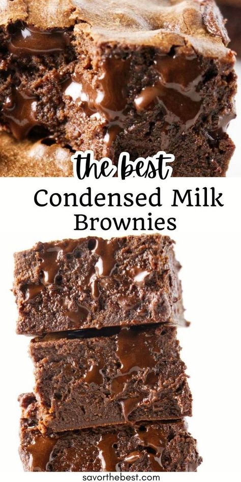 Sweetened Condensed Milk Brownies are extra rich and fudgy and incredibly easy to make! All you need is a few basic ingredients, one bowl and a whisk and you’re well on your way to enjoying these moist, chocolate-y brownies. The sweetened condensed milk is the key ingredient for ultra moist brownies with a rich chocolate flavor and hints of delicious milk caramel. Condensed Milk Brownies, Perfect Brownie Recipe, Condensed Milk Desserts, Sweetened Condensed Milk Recipes, Moist Brownies, Sweet Condensed Milk, Fudgy Brownie Recipe, Perfect Brownies, Milk Dessert