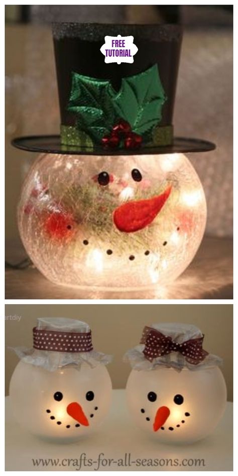 DIY Fish Bowl Snowman Candle Holder Tutorial Glass Bowl Crafts Diy, Fish Bowl Christmas Ideas, Easy Diy Snowman, Snowman Hat Craft, Glass Fish Bowl Crafts, Fish Bowl Christmas Crafts, Snowman Globes Diy, Christmas Crafts Candle Holders, Christmas Fish Bowl Ideas