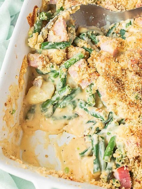 Easy Cheesy Ham, Potato And Green Bean Casserole Story - Thrifty Frugal Mom Potato And Green Bean Casserole, Ham Green Beans Potatoes, Ham Mac And Cheese, Easy Homemade Cheese, Potato And Green Bean, Cheese Potato Casserole, Ham And Green Beans, Ham And Potato Casserole, Easy Casserole Dishes