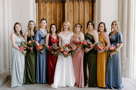 Multicoloured bridesmaids dresses, colourful wedding, Suzanne neville dress, jewel toned dresses Mismatched Color Bridesmaid Dresses, Jewel Tone Mismatched Bridesmaid Dresses, Colourful Mismatched Bridesmaids, Bridesmaid Multi Color Dresses, Jewel Tones Bridesmaid Dresses, Multicolor Bridesmaid Dresses Spring, Lotr Bridesmaid Dresses, Multi Colored Bridal Party, Jewel Tone Bridesmaid Dresses Summer