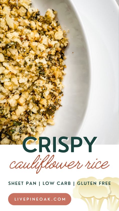 Crispy Sheet Pan Cauliflower Rice » livepineoak.com Sheet Pan Cauliflower, Low Carb Side Dish, Cauliflower Rice Recipe, Low Carb Side, Crispy Cauliflower, Cauliflower Rice Recipes, Rice Recipe, Cauliflower Rice, Rice Recipes