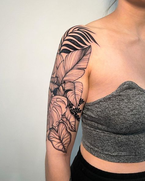 Picture version of this leafy sleeve!! Thanks to my tough client for spending the time and travel to get this!🫶🏽✨ @fineprinttattoos… | Instagram Leafy Half Sleeve Tattoo, Woman's Leg Tattoo, Greenery Sleeve Tattoos For Women, Tropical Leaves Sleeve Tattoo, Leave Sleeve Tattoo, Palm Leaves Tattoo Sleeve, Tropical Floral Tattoo Sleeve, Leaves Half Sleeve Tattoo, Monstera Plant Tattoo Shoulder