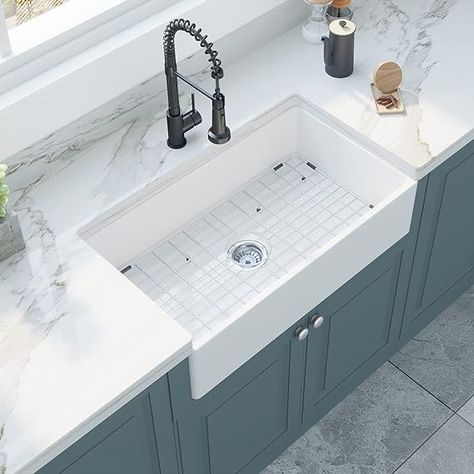 Hercate 33 Inch White Farmhouse Kitchen Sink Reversiable Apron Front Workstation Fireclay Porcelain Ceramic Single Bowl Sinks with Accessories - Amazon.com White Farmhouse Kitchen, Bowl Sinks, Single Bowl Sink, Farmhouse Sink Kitchen, White Farmhouse, Porcelain Ceramics, Farmhouse Kitchen, Kitchen Sink, Apron