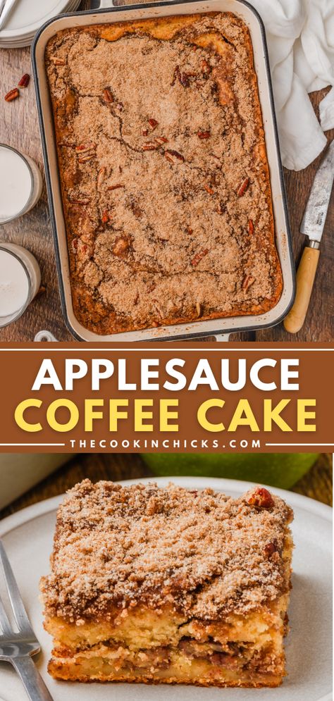 This easy Applesauce Coffee Cake is perfectly moist, flavorful, and includes a cinnamon streusel that just can’t be beat! Perfect to enjoy with your morning coffee, with brunch, or an anytime treat! Applesauce Coffee Cake, Fall Breakfast Ideas, Christmas Brunch Menu, Easy Applesauce, Cinnamon Streusel Topping, The Cookin Chicks, Apple Coffee, Coffee Cake Recipes Easy, Apple Coffee Cakes