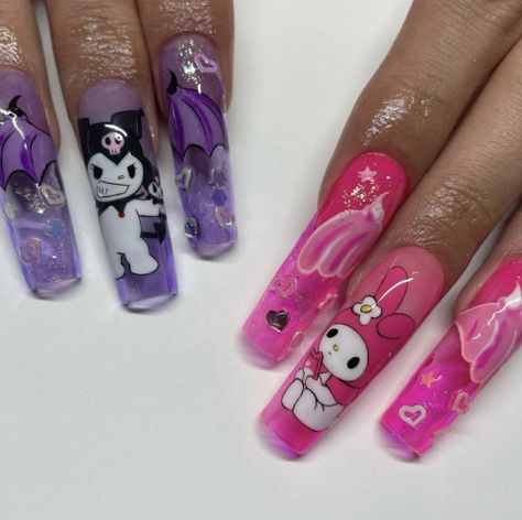 upload blog — via nailedbytav on instagram Hello Kitty Nails Acrylic, Kuromi Nails, Nail Polish Ideas Easy, Nails Hello Kitty, Character Nails, Kitty Nails, Nails Pretty, Anime Nails, Grunge Nails