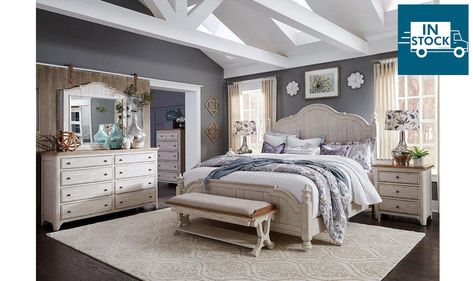 Farmhouse Bedroom Set, King Poster Bed, 2024 Bedroom, City Loft, Poster Bedroom, Gray Walls, Cottage Charm, King Bedroom Sets, Bedroom Sets Queen