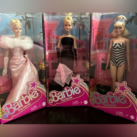 Barbie The Movie Doll Collection Lot Of (3) “Enchanted Evening”, “Solo In Spotlight”, “Striped Swimsuit” Iconic Dress Outfit In Box “Custom” Ooak. Outfits And Dolls Is 100% Mettel Barbie Original. Barbie Doll Margot Robbie, Barbie Collection Display, Barbie Movie Dolls, Barbie Doll Box, Barbie Doll Outfits, Barbie Mermaid Doll, Old Barbie Dolls, Vintage Barbie Dress, Barbie Land