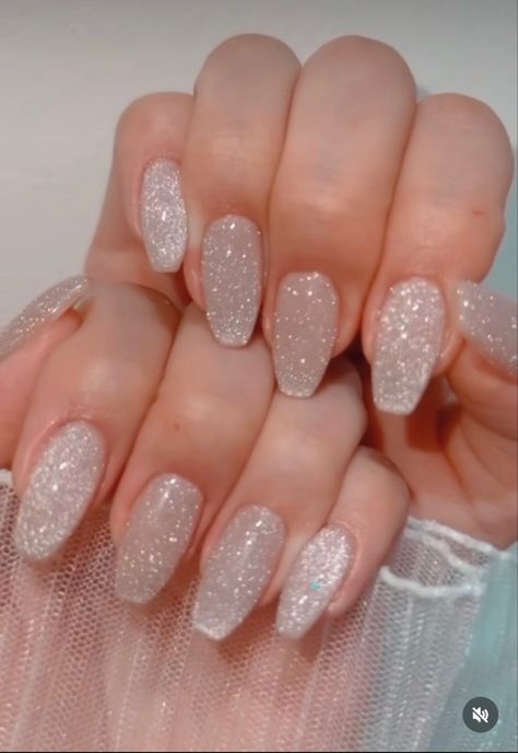 White Nails With Glitter Top Coat, Silver Or White Nails, Simple White Sparkle Nails, Sparkling White Nails, Subtle Sparkly Nails, White Square Nails With Glitter, White With Silver Glitter Nails, Engagement Party Nails Brides, Light Silver Nails