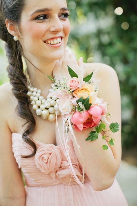 Pink and Yellow Wrist Corsage Wrist Corsage Prom, Bridesmaid Corsage, Bridal Tea Party, Blush Bridesmaids, Wedding Charm, Corsage And Boutonniere, Corsage Prom, Prom Flowers, Wedding Stylist