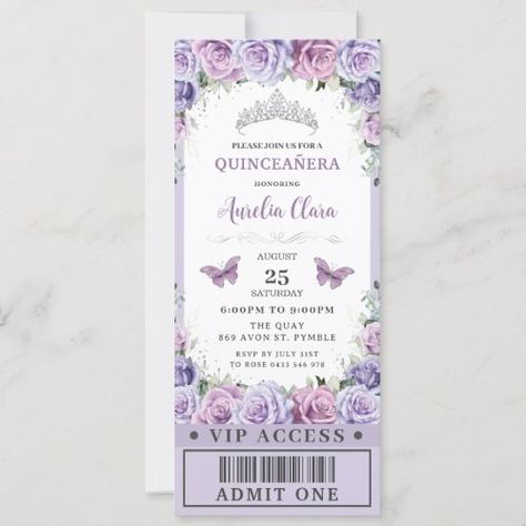 Purple Floral Rose Quinceañera Sweet 16 VIP Ticket #quinceaneramisquince15xv #sweet16sixteen16thbirthday #vipticketstyleinvitationcards #editabledigitaltemplatefile #purplelilaclavenderfloralroses #watercolorflowers #slimvipaccessinvites #silverprincesstiaracrown #cincoaneracincoanera5thbirthday #admintoneticketsliminvitation Silver Princess Crown, Vip Ticket, Lollipop Party, Quinceañera Ideas, Ticket Style, 16th Birthday Invitations, 2nd Birthday Invitations, Vip Tickets, Ticket Invitation