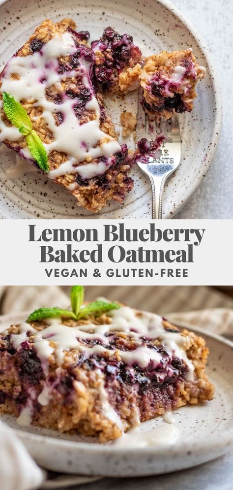 This Lemon Blueberry Baked Oatmeal is the perfect breakfast meal prep with gooey blueberry filling. Easy to make, bursting with fresh flavor and vegan. Spring Vegan Meals, Blueberry Baked Oatmeal, Vegan Baked Oatmeal, Blueberry Filling, Woman Eyes, Vegan Oatmeal, 2024 Recipes, Healthy Vegan Breakfast, Vegan Brunch