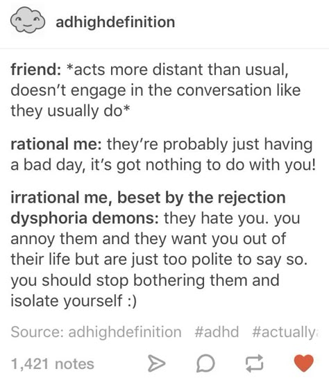 Bad thing about ADHD: you also get rejection sensitive dysphoria other known as (rsd) #mentalhealth Rejection Sensitivity Disorder, Rejection Dysphoria, Rejection Sensitive Dysphoria Quotes, Rsd Quotes, Rejection Sensitivity, Rejection Sensitive Dysphoria, Mental Disorders, Mental And Emotional Health, Cthulhu