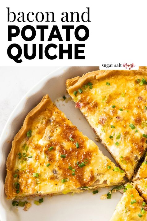 This bacon and potato quiche is like a loaded potato in quiche form. Hearty and comforting, this quiche recipe has a crispy, buttery crust and is filled with flavour. It’s perfect for any meal. Bacon And Potato Quiche, Quiche Mushroom, Mushroom Gruyere, Quiche Bacon, Potato Quiche, Homemade Quiche, Baking Weights, Bacon Quiche, Quiche Dish