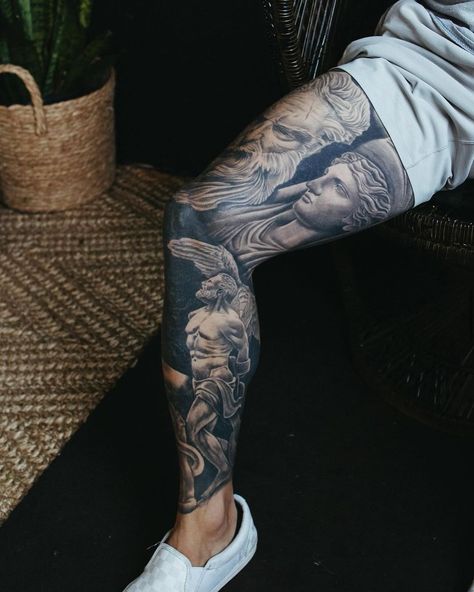 Check out this fully healed Greek God leg sleeve that @hunterwright.tattoos did for Tyler—it looks absolutely incredible! 👏🏛️⚡️ ✷ ✷ ✷ ✷ ✷ ✷ #tattoo #legsleeve #legsleevetattoo #ink #inked #greek #greekgods #greekgodstattoo #inksomniatattoo #atl #georgia #tattooideas #sleeveideas Greek Leg Sleeve Tattoo, Greek God Leg Sleeve, Greek Leg Tattoo, Greek Leg Sleeve, Leg Tats, Atl Georgia, Greek Tattoo, Optical Illusion Tattoo, Leg Sleeve Tattoo