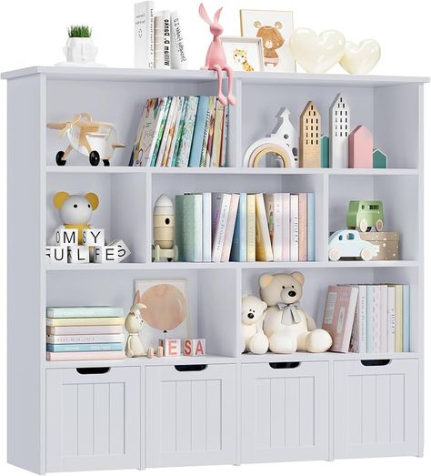 Amazon.com: finetones Toy Storage Organizer, Large Toy Organizers and Storage with 4 Movable Drawers and 7 Storage Cubbies, Toy Chest Shelf Organizer with Hidden Wheels, Kids Bookshelf and Toy Storage : Home & Kitchen Bookshelf And Toy Storage, Storage Cubbies, Toy Storage Organizer, Kids Bookshelf, Bookshelf Organization, Toy Storage Organization, Shelf Organizer, Cubby Storage, Bookshelves Kids