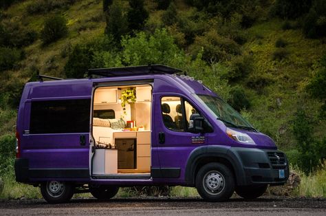 Dandy: Vanlife Customs 136" Promaster Van Conversion Promaster Conversion, Promaster Camper Van, Mercedes Sprinter Camper Van, Van Conversion Layout, Van Builds, Mercedes Sprinter Camper, Purple Vans, Sprinter Camper, Camper Van Conversion Diy