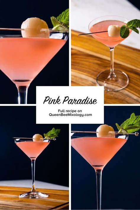 lychee martini (pink paradise), delicious mixed drink martini recipe Lychee Elderflower Martini, Pink Lychee Martini, Lychee Vodka Cocktail, Lychee Liqueur Cocktails, Pink Martini Recipe, Lychee Mocktail, Lychee Cocktail, Paradise Cocktail, Cocktail Competition