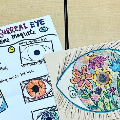 Renée 👩🏻‍🎨 on Instagram: "👁️ End of year surreal eyes. Inspired by The False Mirror by Rene Magritte. Loving my flower doodles! #mccraftyart #iteachart #artteacher #elementaryart #artideas #artlesson #artproject #mccraftyhowto #artteacherlife #artteachersofinstagram" Magritte Inspired Art, Surrealism Art Projects For Kids, End Of The Year Art Projects Elementary, End Of Year Art Projects, The False Mirror, End Of Year Art, Surrealism Art Projects, Magritte Art, Middle School Projects