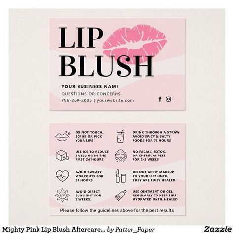 Mighty Pink Lip Blush Aftercare Advice Card | Zazzle#tattoo #tattoaftercare #tattoocare Lip Blush Aftercare, Blushing Quotes, Instagram Eyebrows, Lip Permanent Makeup, Lip Logo, Skin Care Business, Instagram Username Ideas, Lip Blush, Tattoo Machines