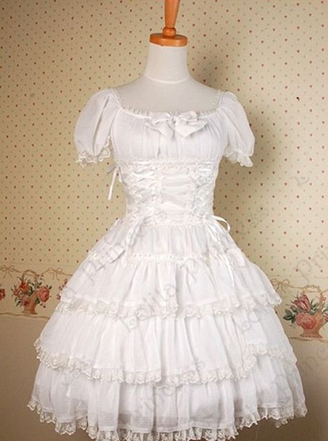 White Multi-storey Ruffles Lace-up Sweet Lolita Dress White Goth Dress, White Dress Aesthetic, Honeymoon Attire, Rococo Dress, Kawaii Outfit Ideas, Red And White Dress, Mori Fashion, Frilly Dresses, Kawaii Dress