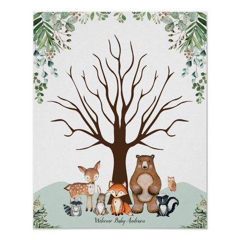 This beautiful fingerprint tree / thumbprint guest book sign is a fun and interactive way to celebrate your special occasion. The design features illustration of a group of adorable forest animals and lush botanical greenery. Personalize the sign with your own wording by clicking the "Personalize" button. Thumbprint Guest Books, Tree Guest Book, Thumbprint Tree, Woodland Birthday Party, Fox Baby Shower, Fingerprint Tree, Baby Shawer, Baby Shower Guest Book, Blue Bunny