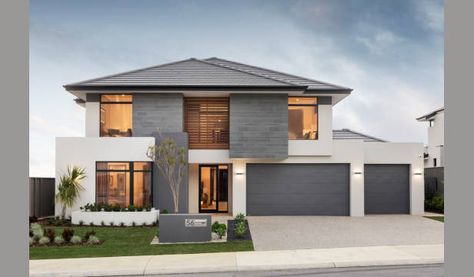 Display Homes in Perth | newhousing.com.au House Facades Australia, Natural Stone Cladding, Double Story House, Two Story House Design, Double Storey House, House Cladding, Home Hall Design, Hip Roof, Exterior Makeover