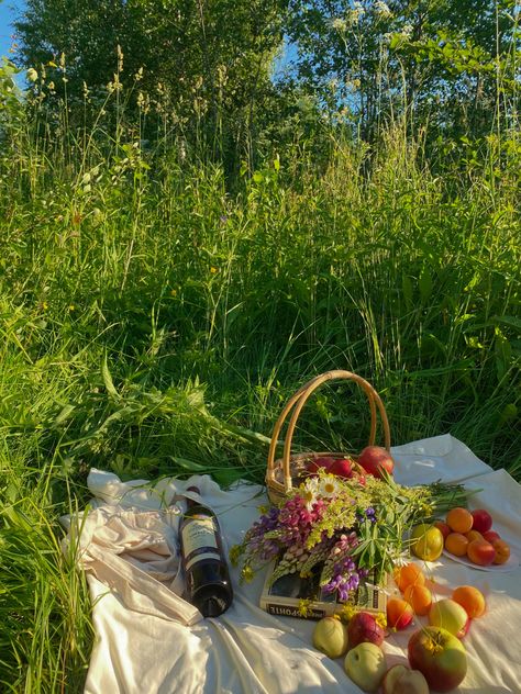 Aesthetic picnic with bouquet of wild flowers, fruits and wine Picnic In Flower Field, Wild Flower Picking, Picnic Aesthetic Flowers, Cottage Picnic Aesthetic, Flower Picnic Aesthetic, Picnic Flowers Aesthetic, Summer Aesthetic Picnic, Fae Picnic, Fairy Picnic Aesthetic