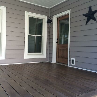 Stained Front Porch, Porch Stain, Front Porch Remodel, Deck Stain Colors, Stain Concrete, Deck Stain, Porch Kits, Fence Stain, Diy Staining