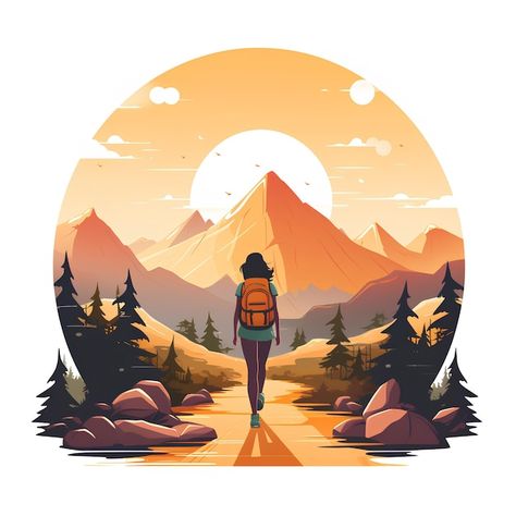 Photo minimalist flat vector style of an... | Premium Photo #Freepik #photo Climbing A Mountain Illustration, Painting On Backpack, Hiking Artwork, Trekking Illustration, Hike Illustration, Hiking Illustration, Hike Aesthetic, Patches Ideas, Hiking Art