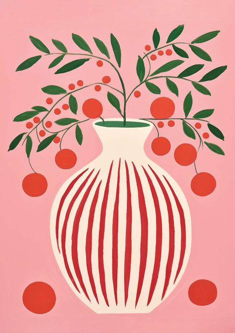 Pink & Red Vase-Skudaboo Pink Red Kitchen, Pink And Red Kitchen, Pink Wall Living Room, Kitchen Illustration Art, Red Accents Living Room, Pink Living Room Walls, Poster Art Ideas, Eclectic Art Prints, Eclectic Paintings