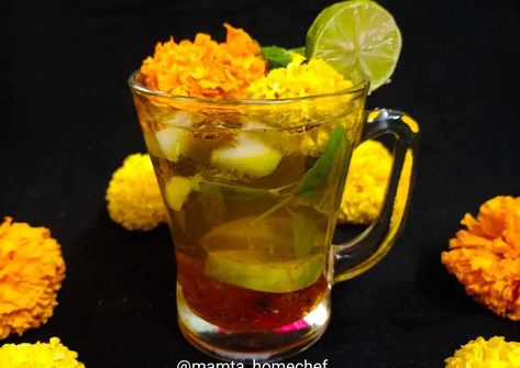 Flower Tea Recipe, Marigold Flower, Tea Recipe, Pepper Powder, Basil Leaves, Lemon Slice, Flower Tea, Cooking Instructions, Water Flowers