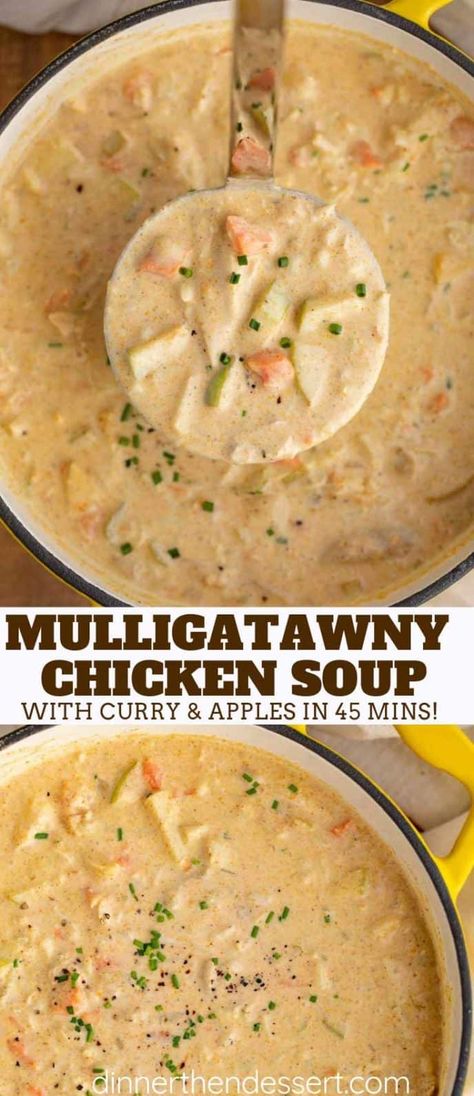 Easy Mulligatawny Soup is a savory Indian curry soup made with apples, carrots, rice, and chicken in a seasoned creamy broth, ready in 60 minutes! #curry #dinner #soup #apples #rice #indian #indianrecipes #stew #chowder #chicken #dinnerthendessert Chicken Apple Curry Soup, Apple Curry Soup, Soup With Apples, Apple Soup Recipes, Curry Dinner, Soup Curry, Mulligatawny Soup, Chicken Curry Soup, Apple Party