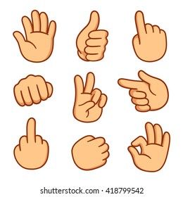 Cartoon hands set. Different gestures: pointing, attention, fist, thumbs up. Isolated vector illustration.