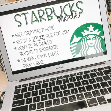 Starbucks Mode Classroom, Starbucks Day In Classroom, Classroom Starbucks, Starbucks Classroom Transformation, Cozy Classroom Ideas Middle School, Starbucks Classroom Theme, Cozy Classroom Ideas, Starbucks Classroom, Classroom Morning Routine