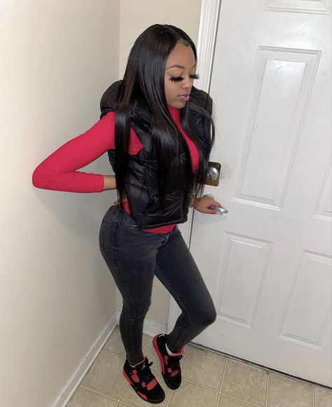 Black And Red Jordans Outfit For Women, Jordan 4 Outfit Women Black, Jordans 4 Outfit Women, Jordan 4 Red Thunder Outfit, Bred 11s Outfit Women, Bred 11s Outfit, Red Jordans Outfit For Women, Red Thunder 4s Outfit, 4s Outfit Women