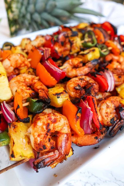 Jerk Chicken And Shrimp, Pineapple Jerk Chicken, Bbq Shrimp Skewers, Shrimp Skewer Recipes, Pineapple Shrimp, Pineapple Skewer, Seasonal Veggies, Shrimp Kabobs, Grilled Shrimp Skewers