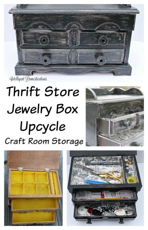 Thrift Store Jewelry Box Upcycle. Craft Room Storage. Thrift Store Upcycle project. Repurpose. Upcylce. #repurpose #upcycle #thriftstoredecor #makeover #sewingbox Thrift Store Jewelry, Diy Old Furniture Makeover, Thrift Store Upcycle Decor, Box Upcycle, Old Furniture Makeover, Decor Upcycle, Box Makeover, Thrift Store Upcycle, Jewelry Box Makeover