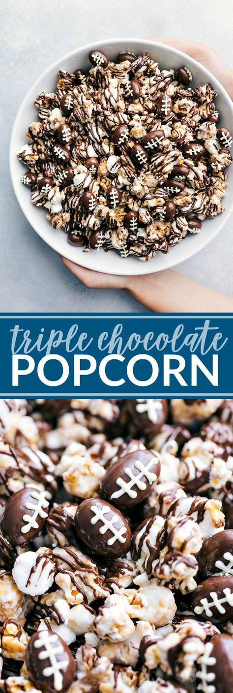 The ultimate BEST EVER triple chocolate popcorn with optional chocolate covered almond footballs! This recipe is from a famous Cleveland bakery and everyone always BEGS for this recipe! Video tutorial and step by step directions! via chelseasmessyapron.com #dessert #triple #chocolate #popcorn #easy #quick #treat #football #tailgaiting #party #potluck #kidfriendly #chocolate #dark #white #milk #sugar Chocolate Popcorn Recipe, White Chocolate Popcorn Recipe, Popcorn Recipes Chocolate, Popcorn Butter, Covered Popcorn, Chocolate Drizzled Popcorn, Chocolate Covered Popcorn, Satisfying Snacks, White Chocolate Popcorn