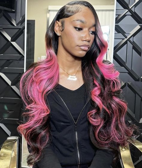 Body Wave Wig With Pink Highlights, Black Frontal Wig With Pink Highlights, Pink And Black Wig Install, Pink Highlight Wig, Pink Purple Lace Front Wig, Pink Ombre Lace Front Wig, Black Highlights, Hd Lace Frontal, Hair For Women