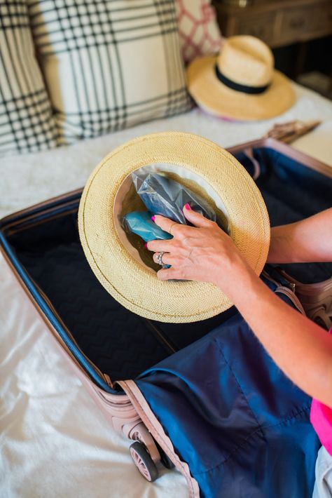 How To Pack A Hat In A Suitcase, Hot Mess Hair, Leopard Pumps, Mexico Cruise, Suitcase Packing, Large Hats, Ziplock Bags, Wearing A Hat, Beach Hat