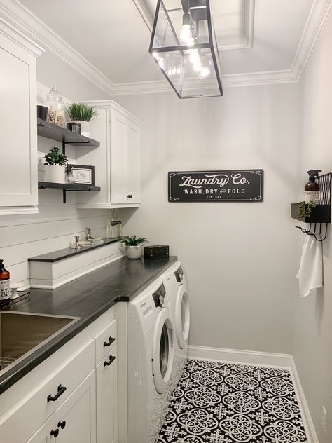 Laundry Room Table Over Washer, Laundry Room Flooring, Laundry Tubs, Diy Shiplap, Laundry Closet, Laundry Decor, Better Late Than Never, Small Laundry, Short And Sweet