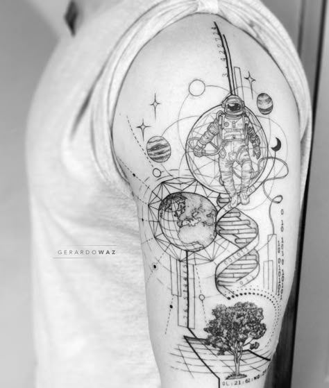 Cosmic Tattoos, Tatuaje Trash Polka, Cosmic Tattoo, Dna Tattoo, Astronaut Tattoo, Planet Tattoos, Galaxy Tattoo, Theme Tattoo, Inspiration Tattoos