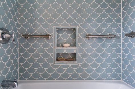 Fireclay Ogee Drop Tiles Ogee Drop Tile, Nantucket Bathroom, Blue Shower Tile, Tile Bathrooms, Scallop Tiles, Mermaid Tile, White Hexagon Tiles, Bathroom Tile Inspiration, Ogee Drop