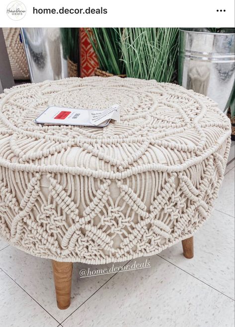 Boho ottoman with woven texture and light wooden legs Macrame Ottoman, Outdoor Poufs, Boho Ottoman, Boho Ottomans, Modern Organic Home, Zen Den, Ottoman Decor, Outdoor Pouf, Poufs & Ottomans